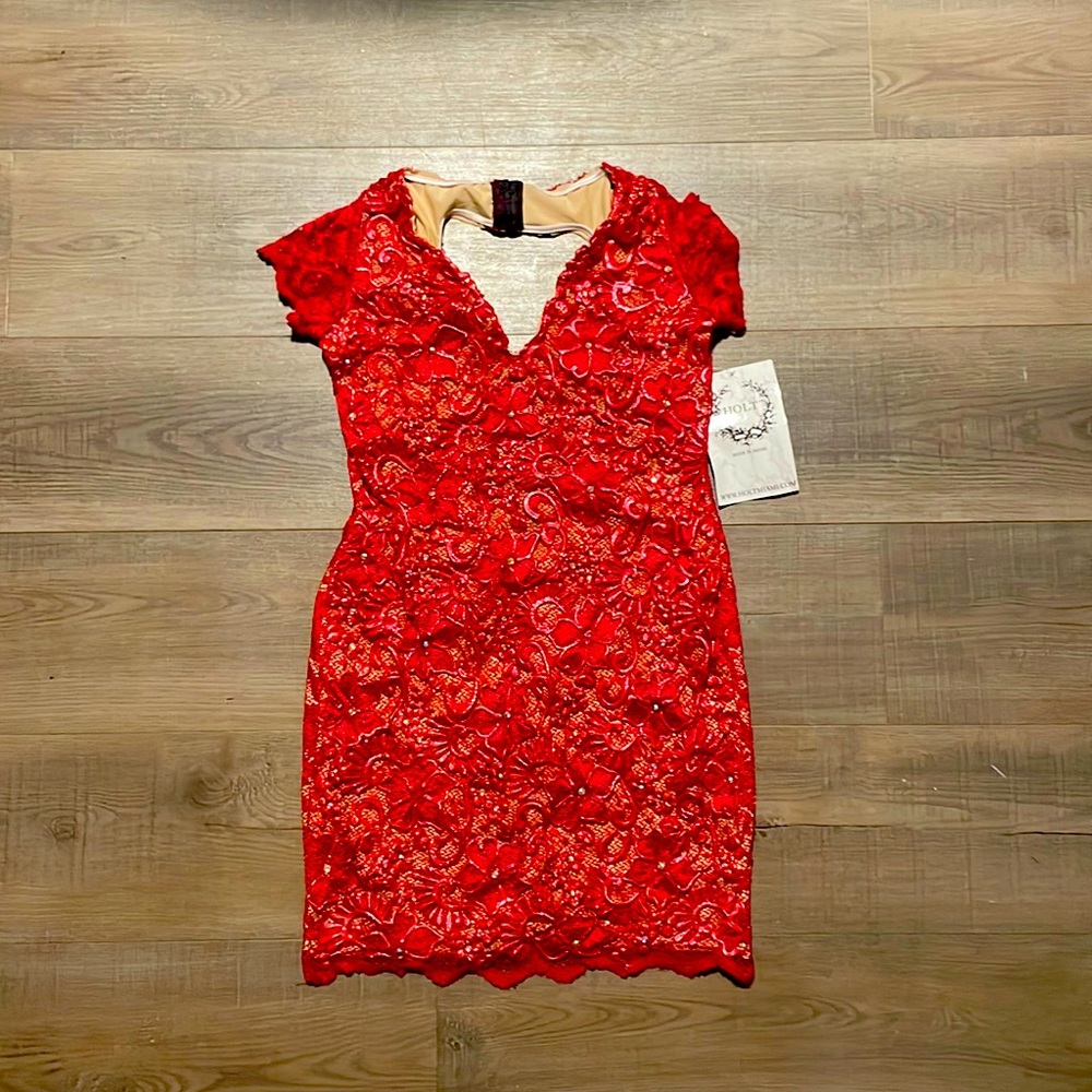 HOLT MIAMI Hand Painted Red Lace Mini Dress